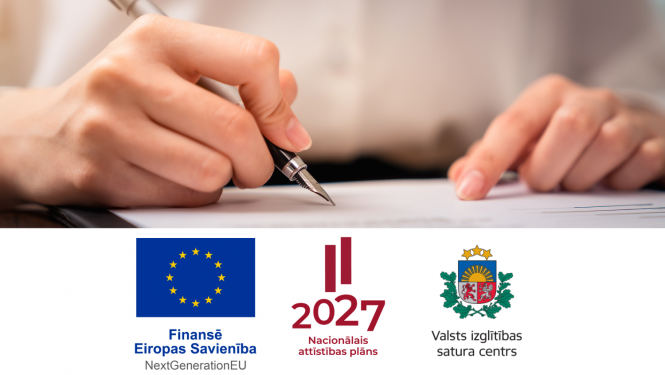 Ilustratīvs attēls - pildspalva ar roku un ES, NAP, VISC logo ansamblis