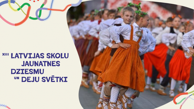 Tautas deju kolektīvi. Teksts - XIII Latvijas Skolu Jaunatnes dziesmu un deju svētki. 