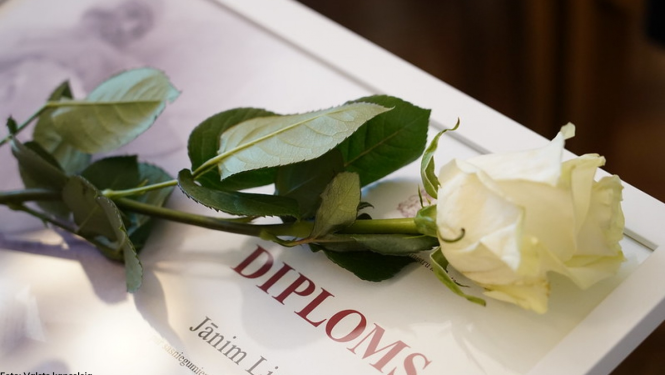 Ministru kabineta Diploms. Uz Diploma balta roze. Foto:Valsts kanceleja.