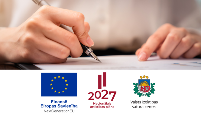 Ilustratīvs attēls - pildspalva ar roku un ES, NAP, VISC logo ansamblis