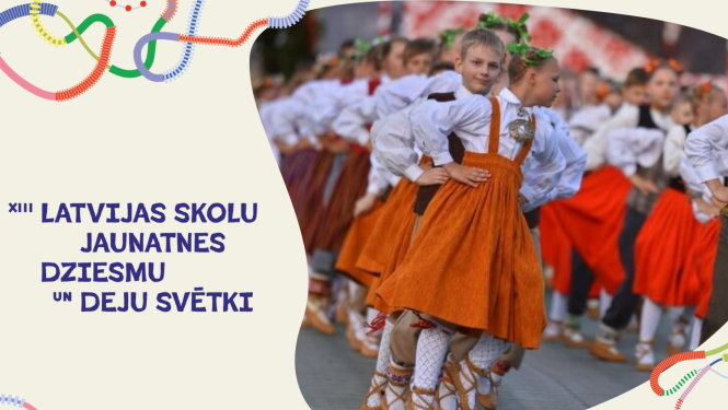 Tautas deju kolektīvi. Teksts - XIII Latvijas Skolu Jaunatnes dziesmu un deju svētki. 