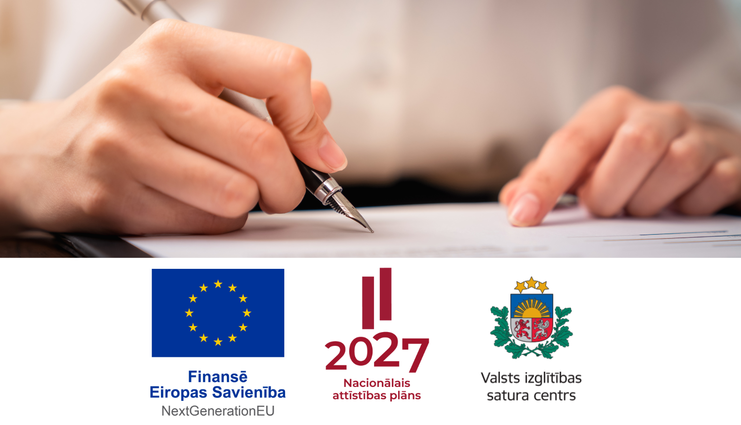 Ilustratīvs attēls - pildspalva ar roku un ES, NAP, VISC logo ansamblis